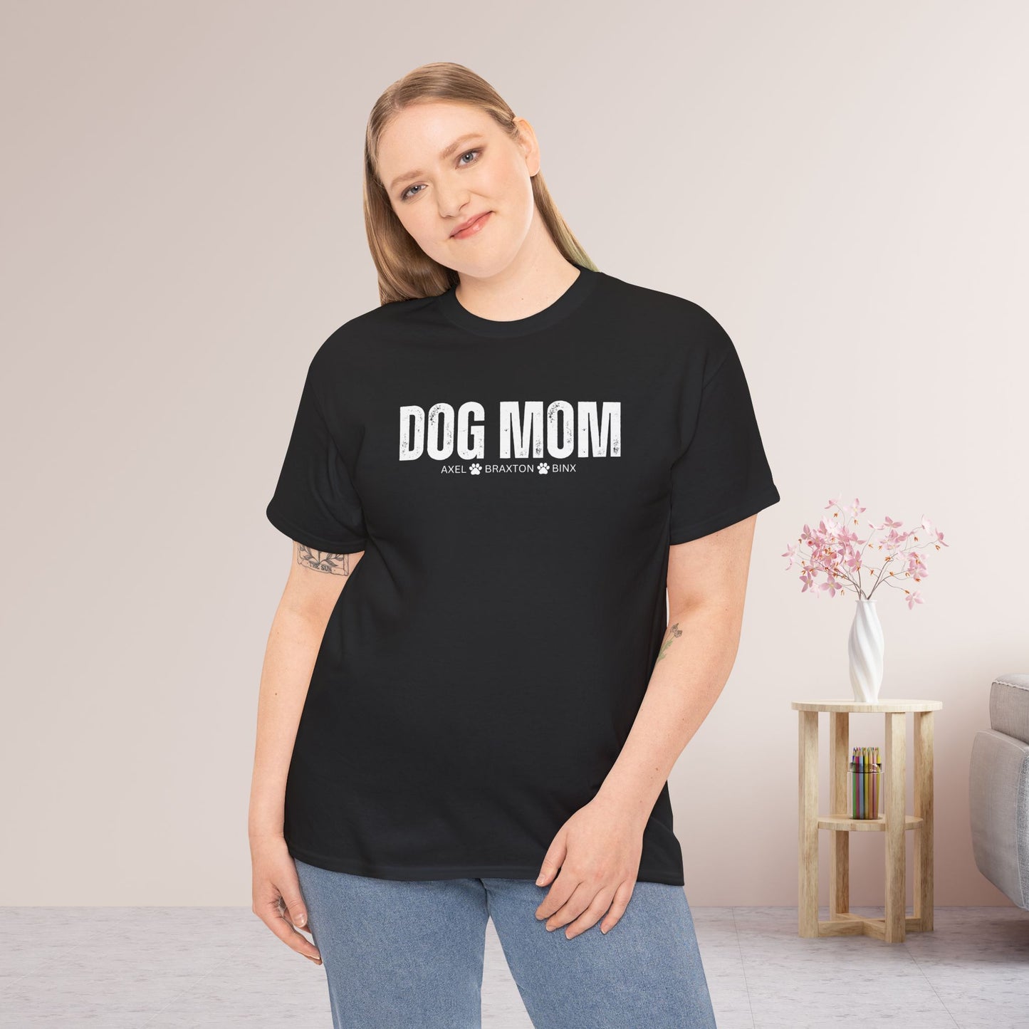 Custom Dog Mom Heavy Cotton Tee with Dogs Name - Personalized Dog Lover Gift