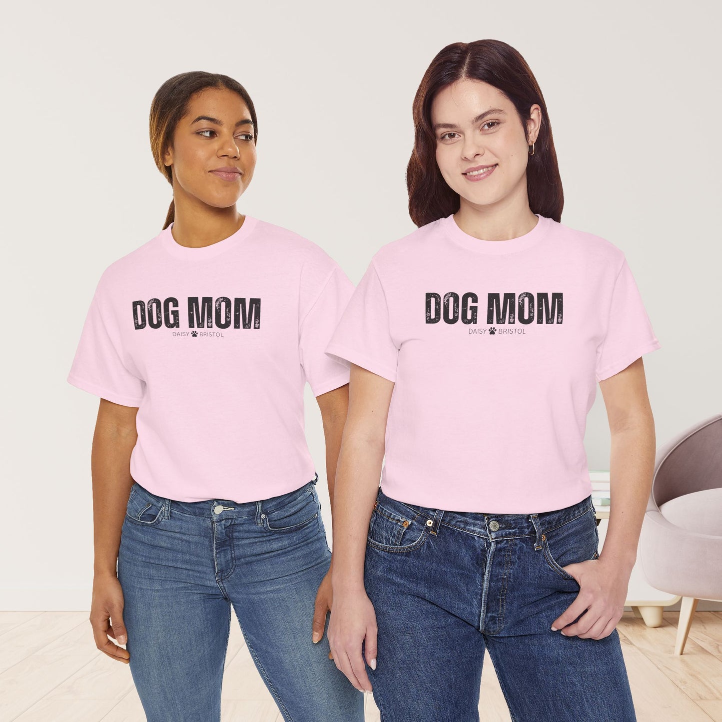 Custom Dog Mom Heavy Cotton Tee with Dogs Name - Personalized Dog Lover Gift