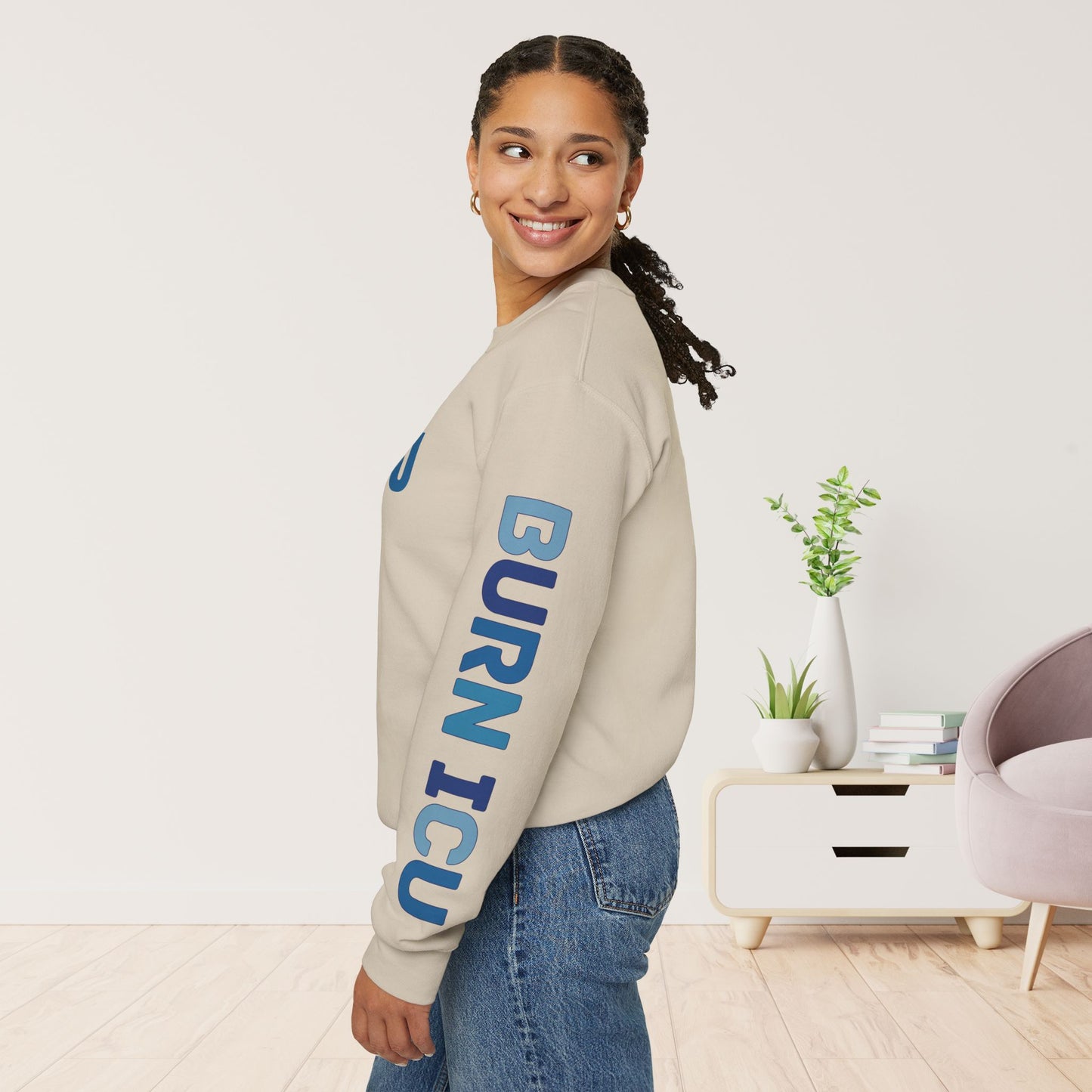 Trendy Blue BICU Sweatshirt with Sleeve Print - Burn ICU Crewneck