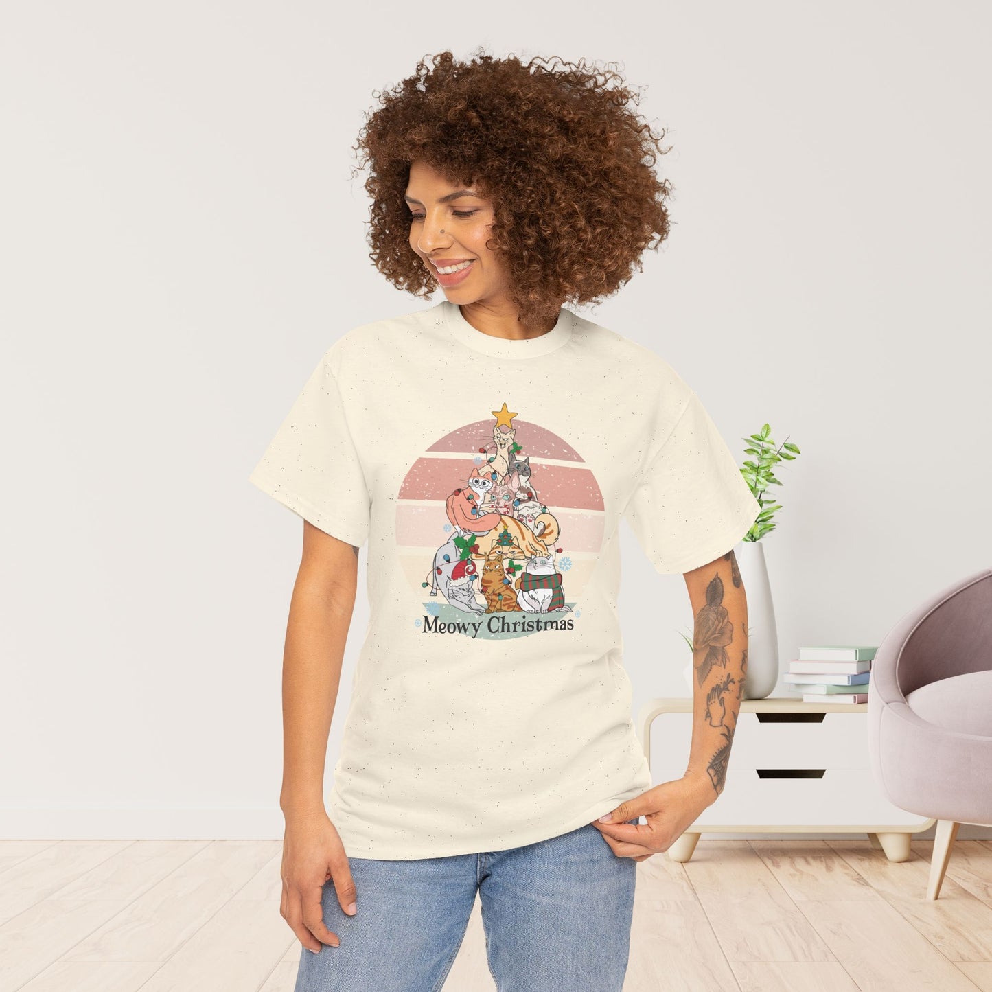 Meowy Christmas Funny Cat Christmas Heavy Cotton Tee - Cat Lovers Christmas Gift