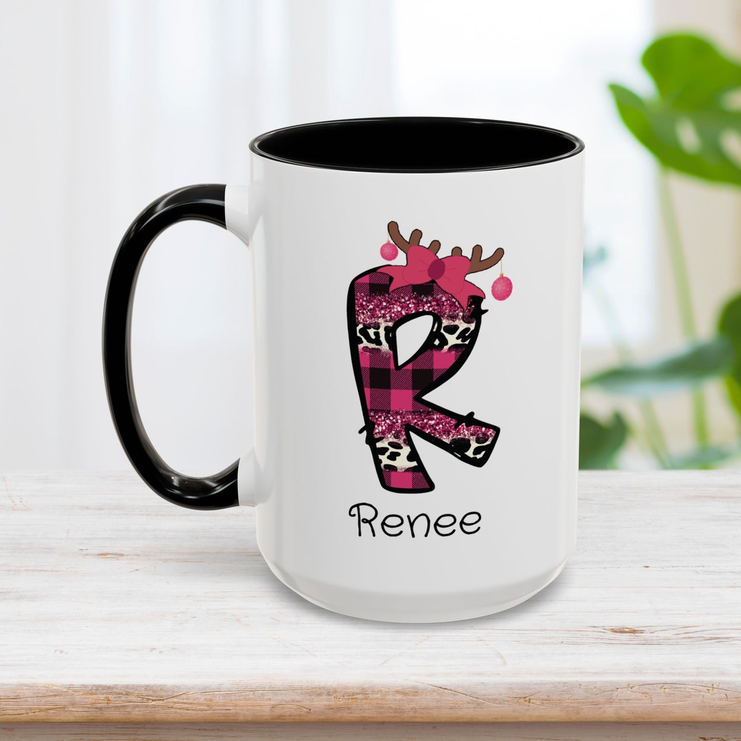 Custom Name Pink Christmas Plaid Initial Letter Mug - Personalized Christmas Gifts A-Z