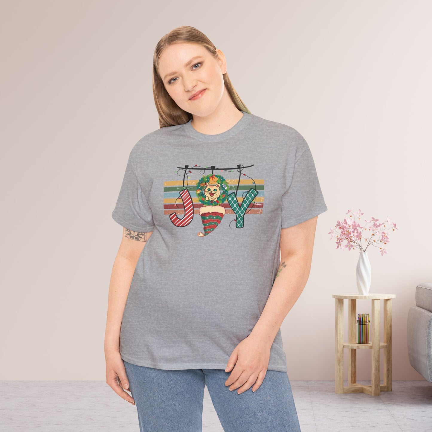 Joy Funny Cat Christmas Heavy Cotton Tee - Cat Lovers Christmas Gift