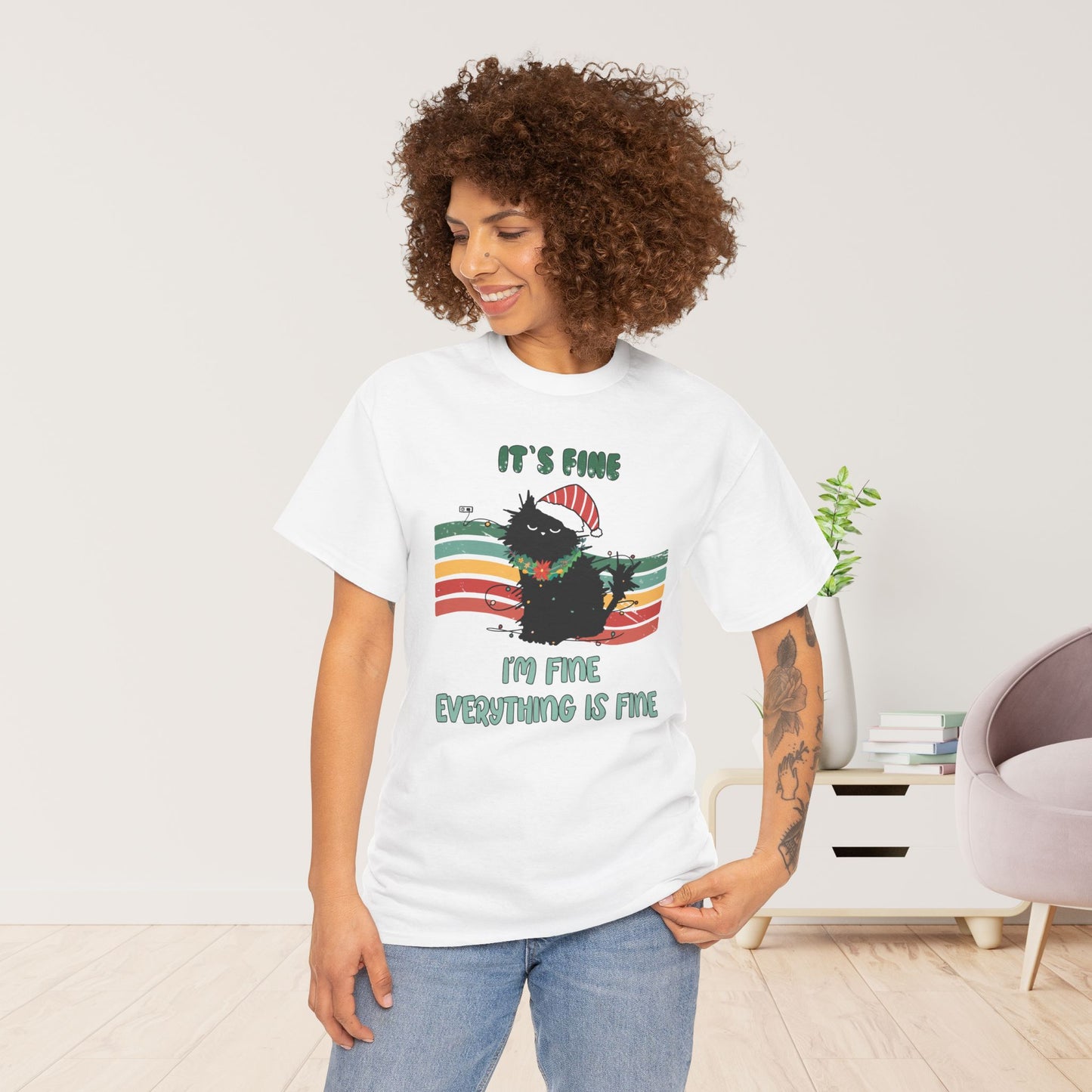 It's Fine Funny Cat Christmas Heavy Cotton Tee - Cat Lovers Christmas Gift
