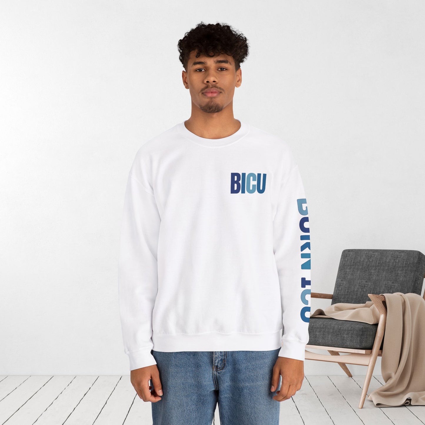 Trendy Blue BICU Sweatshirt with Sleeve Print - Burn ICU Crewneck