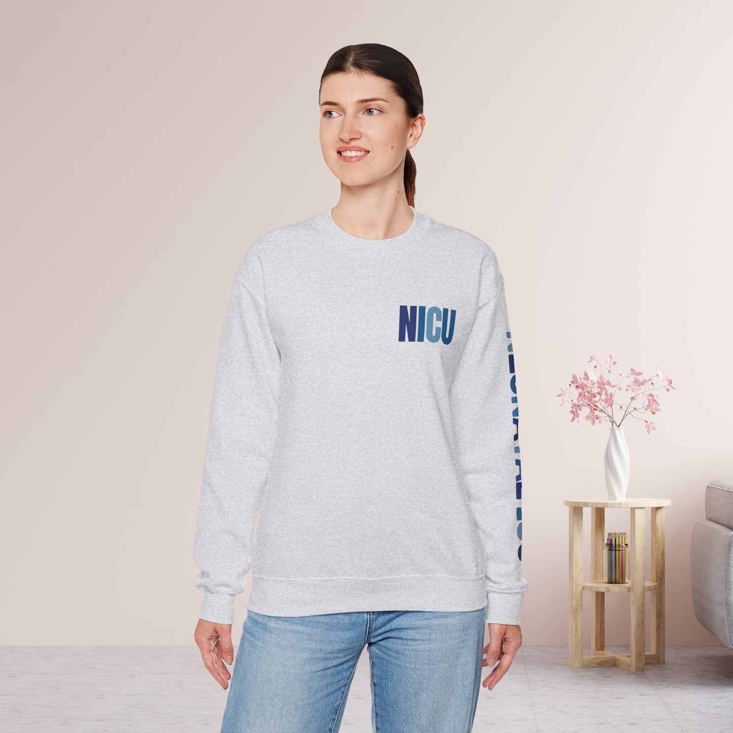 Trendy Blue NICU Sweatshirt with Sleeve Print - Neonatal ICU Crewneck