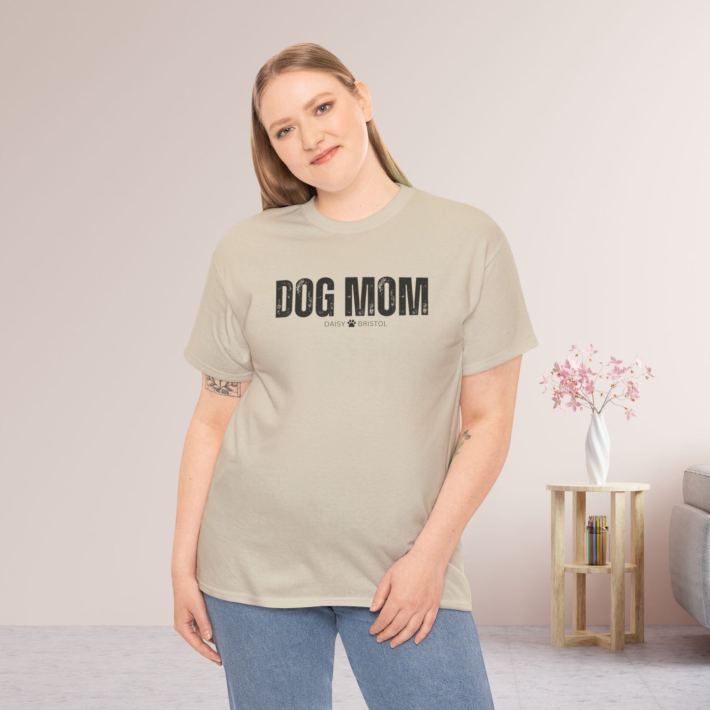 Custom Dog Mom Heavy Cotton Tee with Dogs Name - Personalized Dog Lover Gift