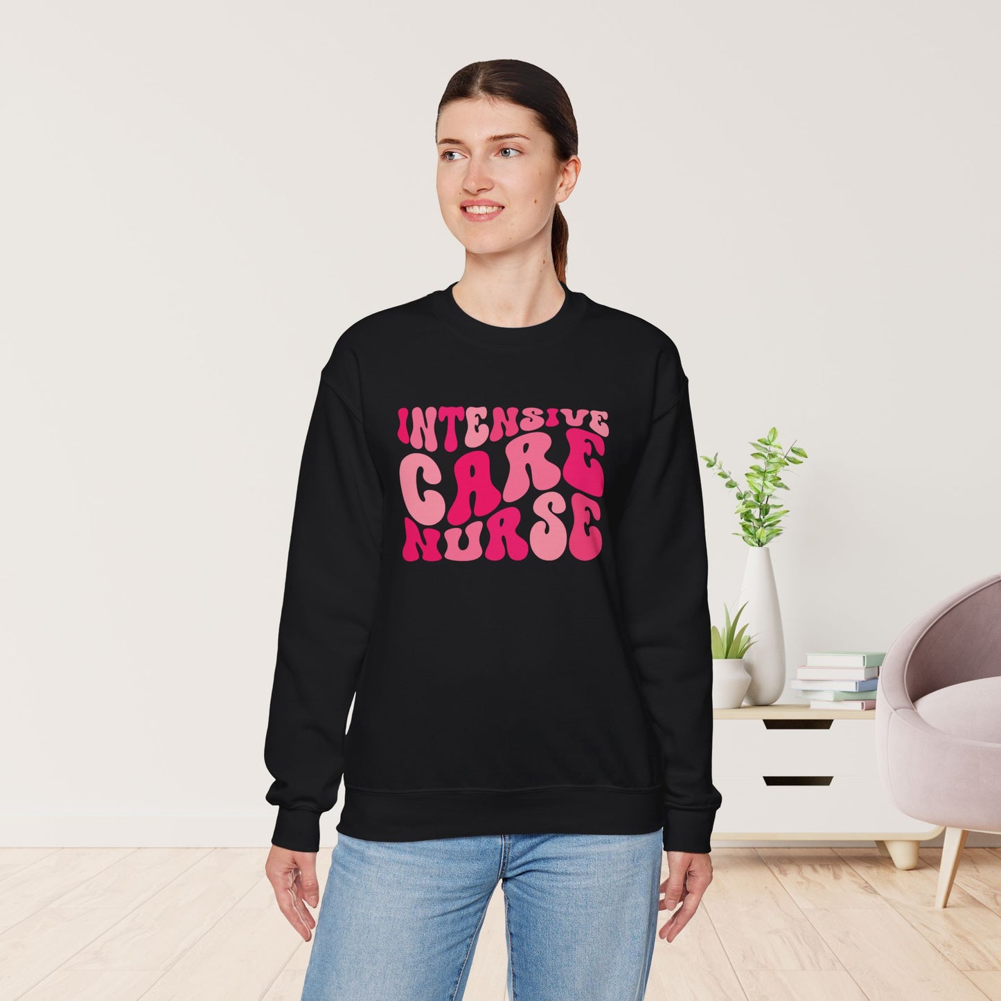 Groovy Pink ICU Nurse Crewneck Sweatshirt