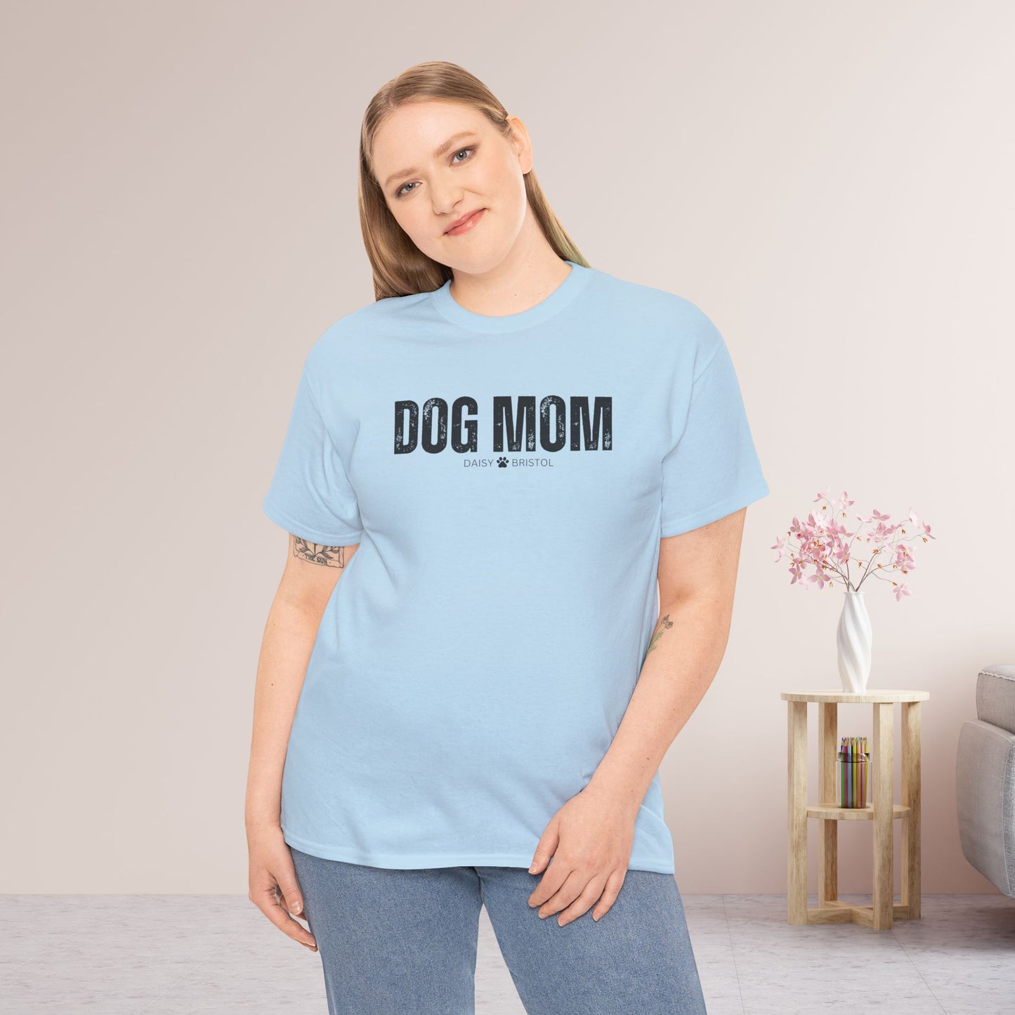 Custom Dog Mom Heavy Cotton Tee with Dogs Name - Personalized Dog Lover Gift