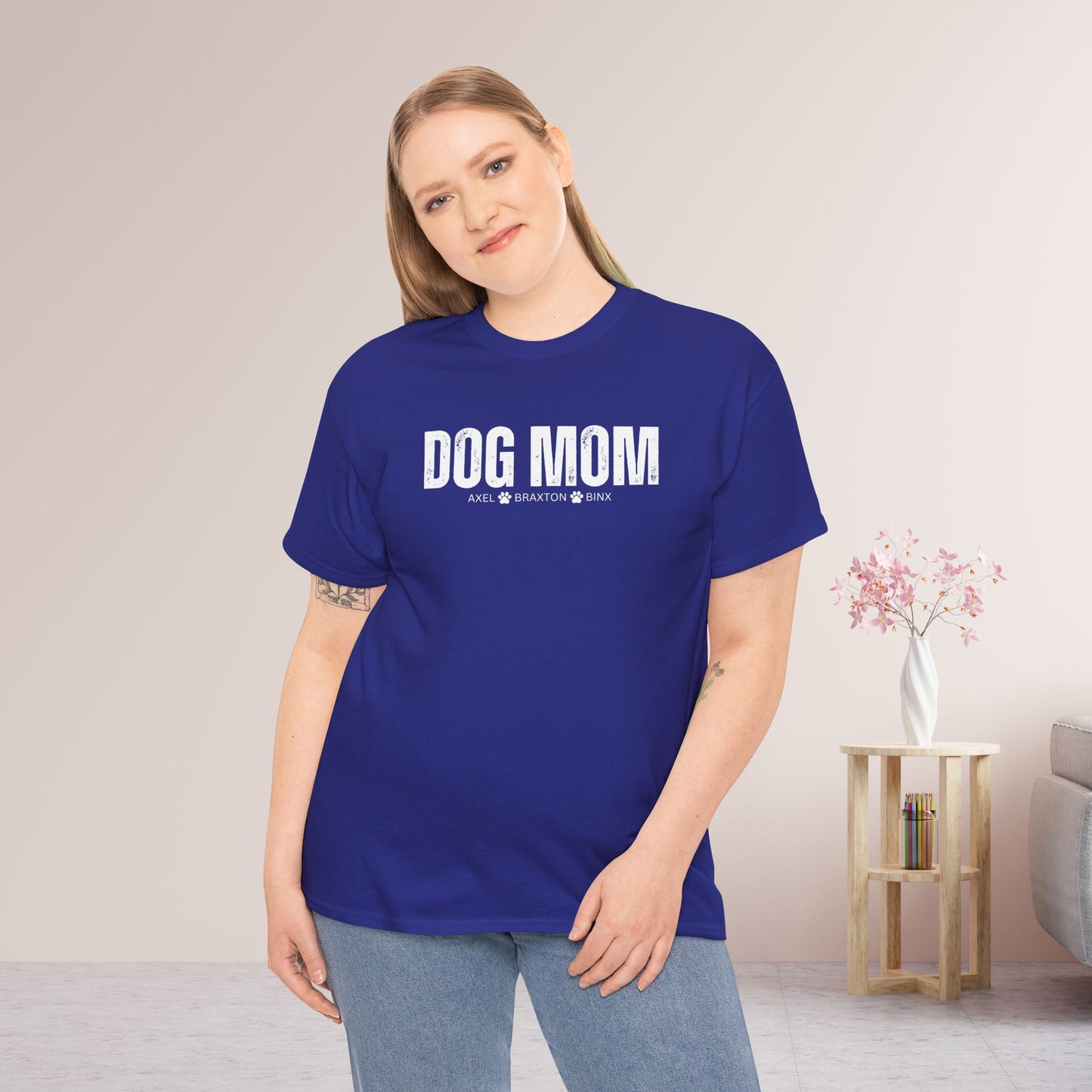 Custom Dog Mom Heavy Cotton Tee with Dogs Name - Personalized Dog Lover Gift