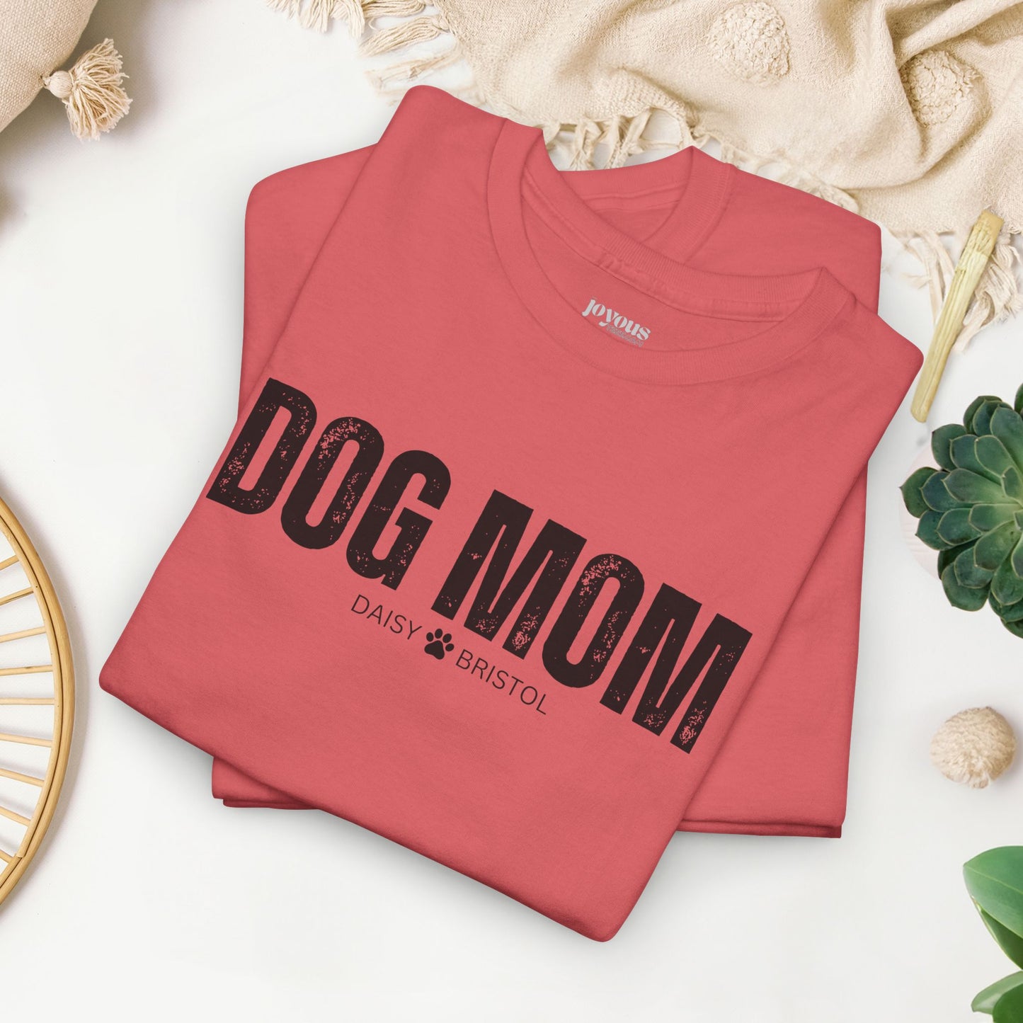 Custom Dog Mom Heavy Cotton Tee with Dogs Name - Personalized Dog Lover Gift