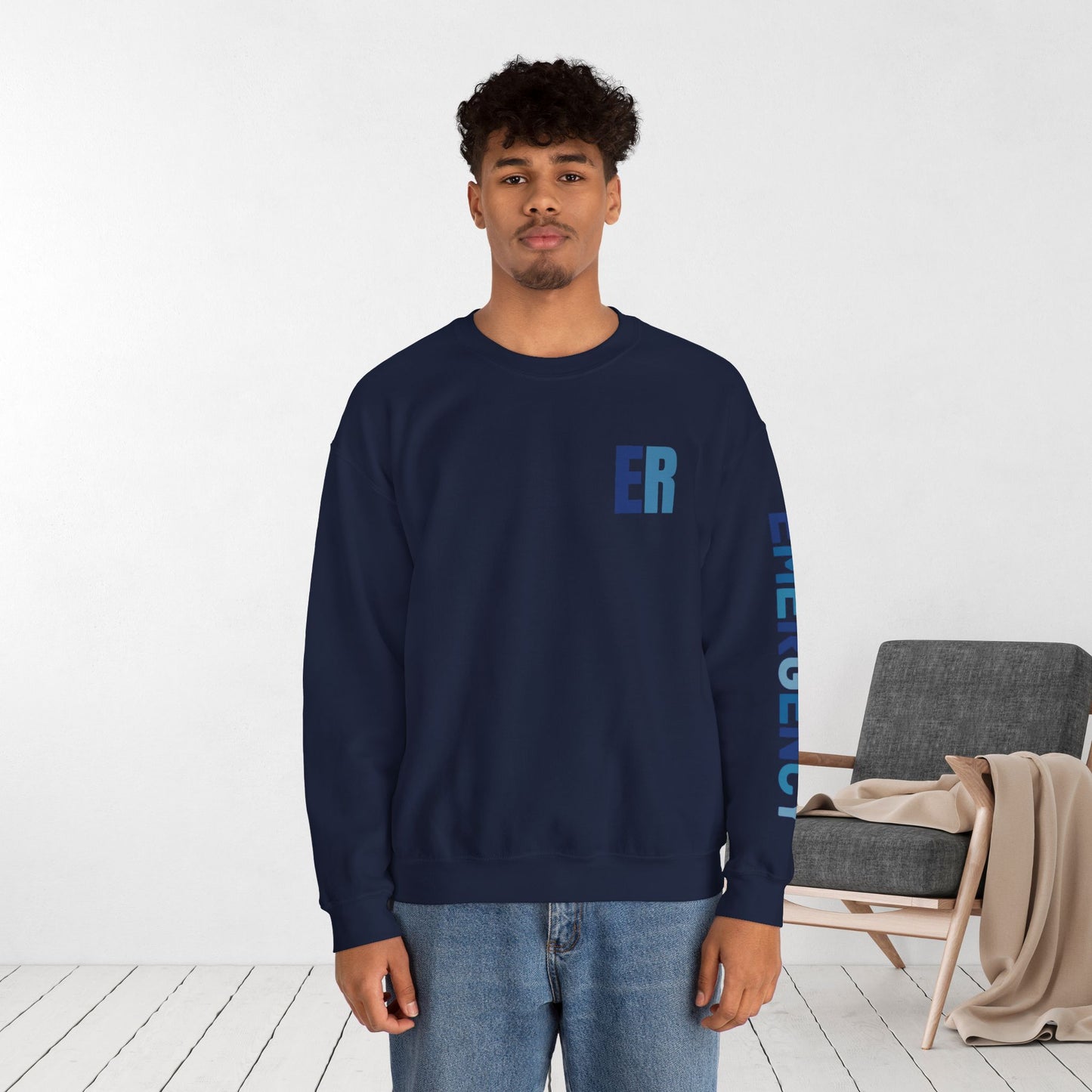 Trendy Blue ER Sweatshirt with Sleeve Print - Emergency Room Crewneck
