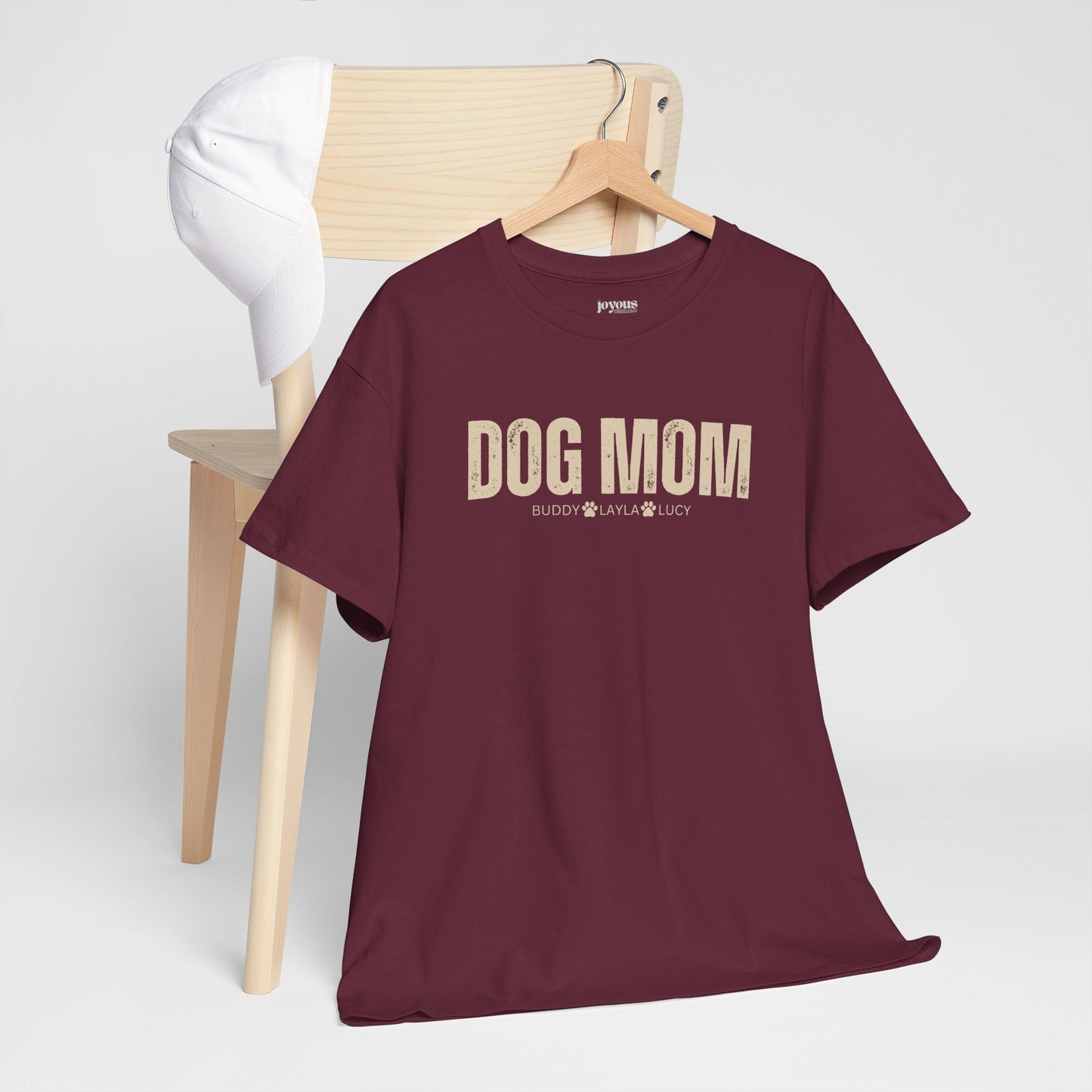 Custom Dog Mom Heavy Cotton Tee with Dogs Name - Personalized Dog Lover Gift