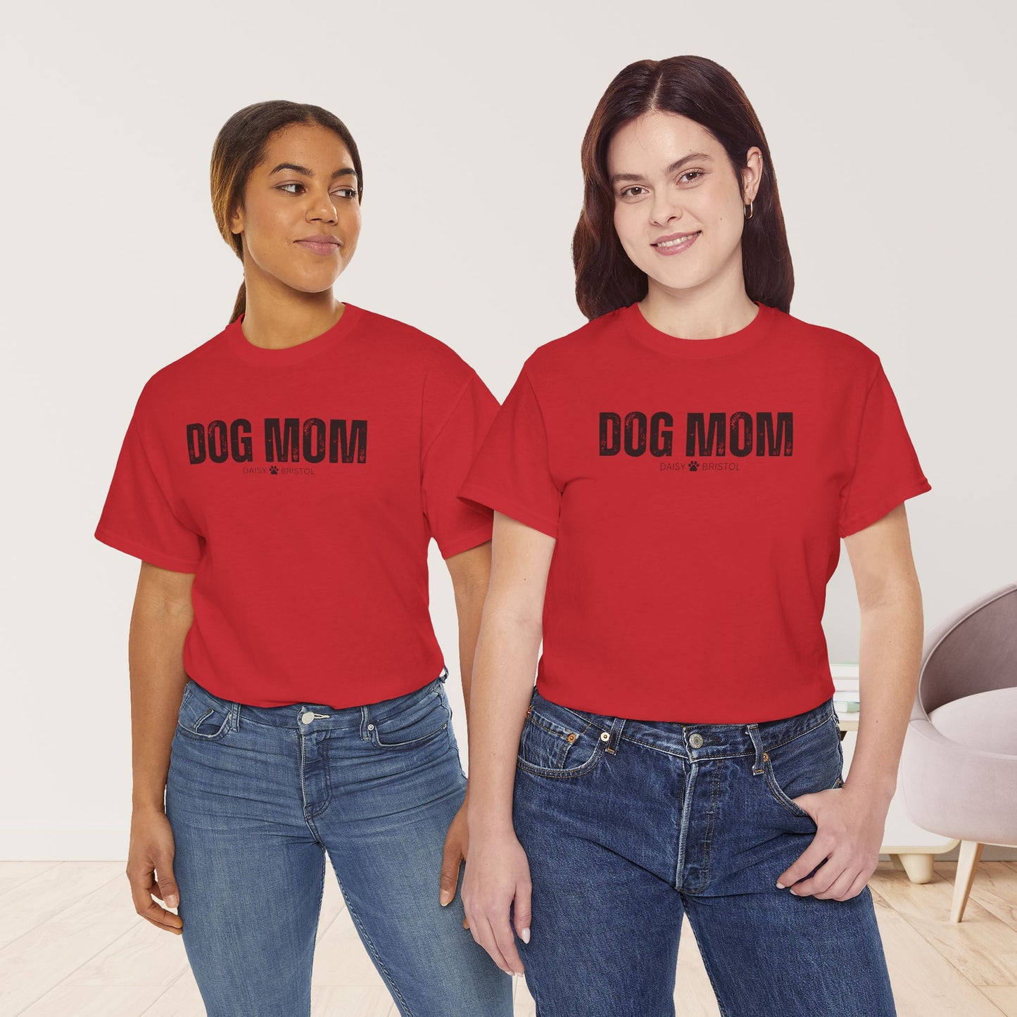 Custom Dog Mom Heavy Cotton Tee with Dogs Name - Personalized Dog Lover Gift