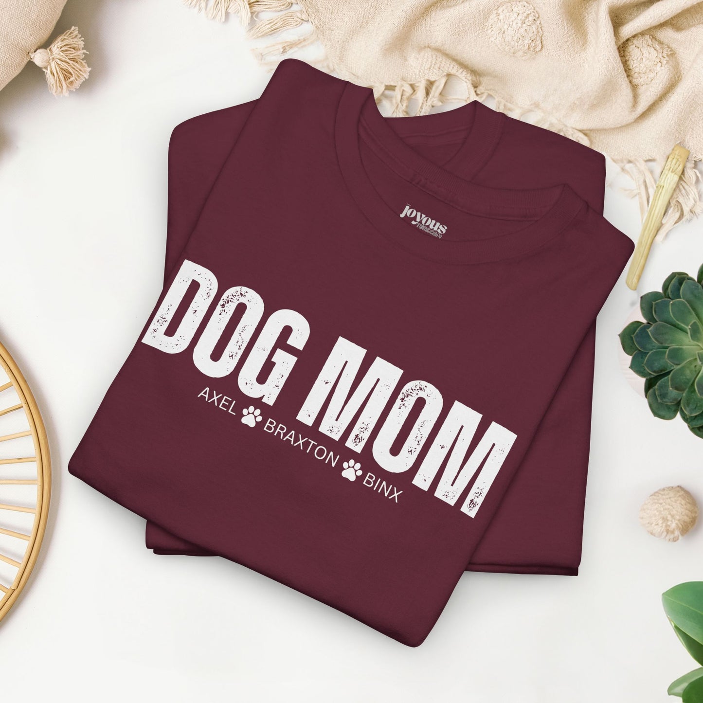 Custom Dog Mom Heavy Cotton Tee with Dogs Name - Personalized Dog Lover Gift