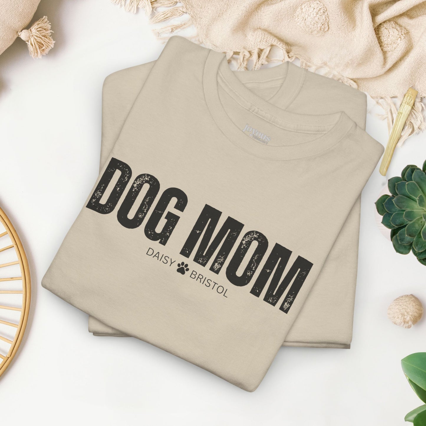 Custom Dog Mom Heavy Cotton Tee with Dogs Name - Personalized Dog Lover Gift