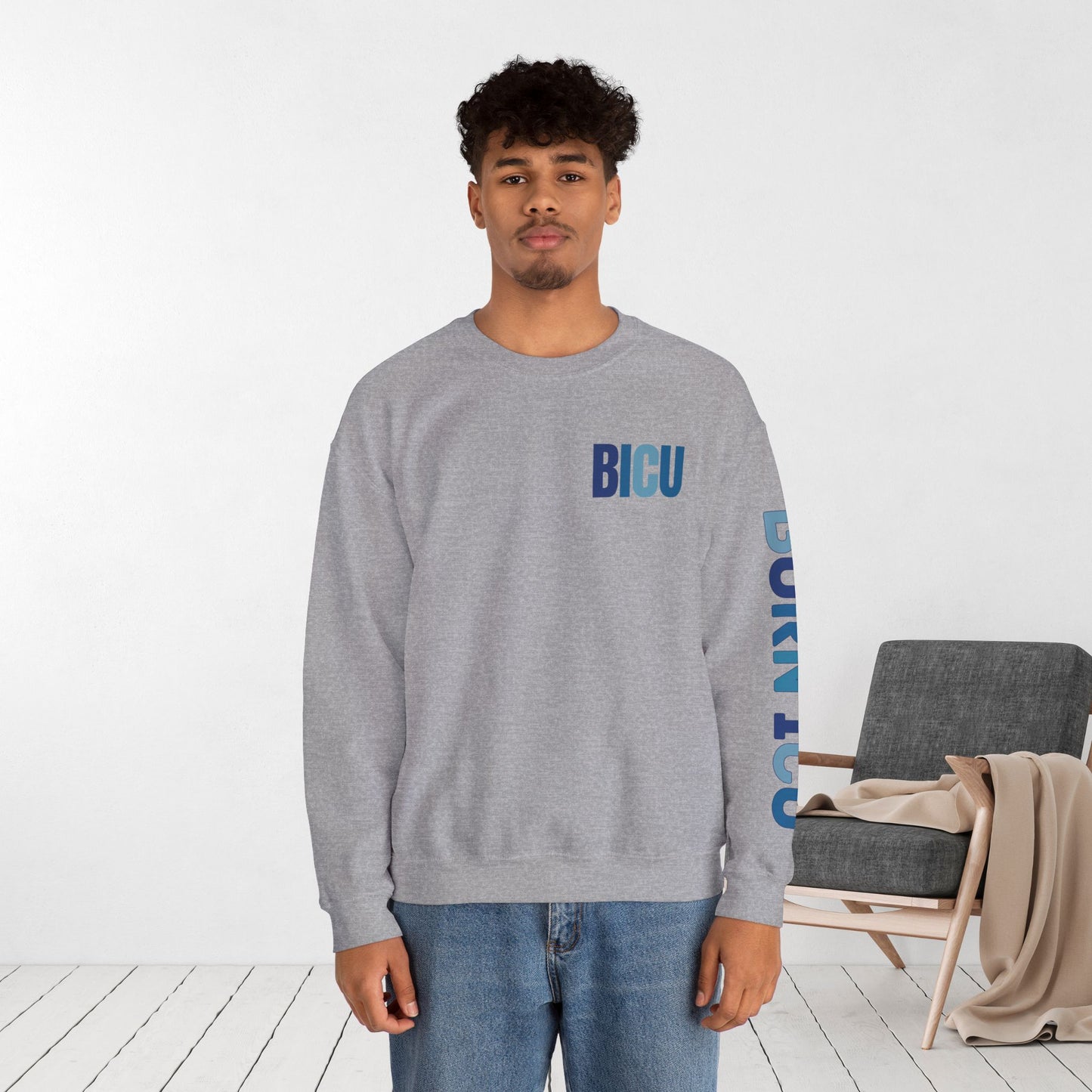 Trendy Blue BICU Sweatshirt with Sleeve Print - Burn ICU Crewneck