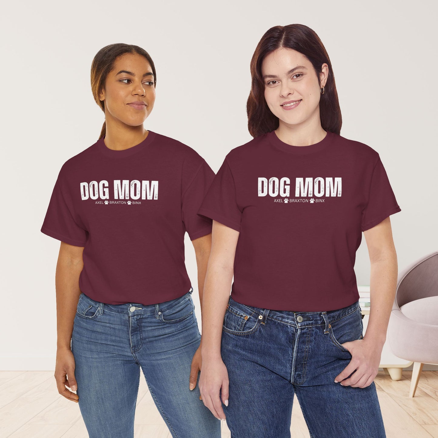 Custom Dog Mom Heavy Cotton Tee with Dogs Name - Personalized Dog Lover Gift
