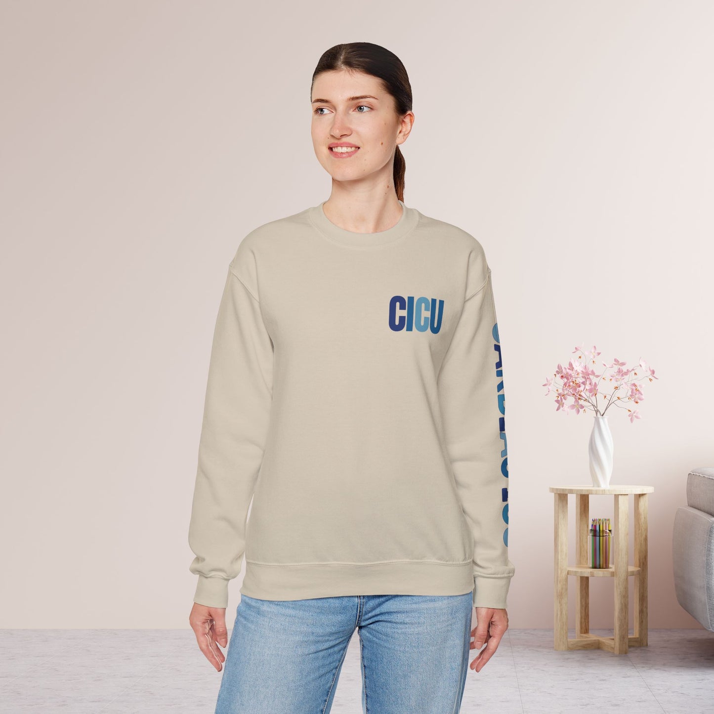 Trendy Blue CICU Sweatshirt with Sleeve Print - Cardiac ICU Crewneck
