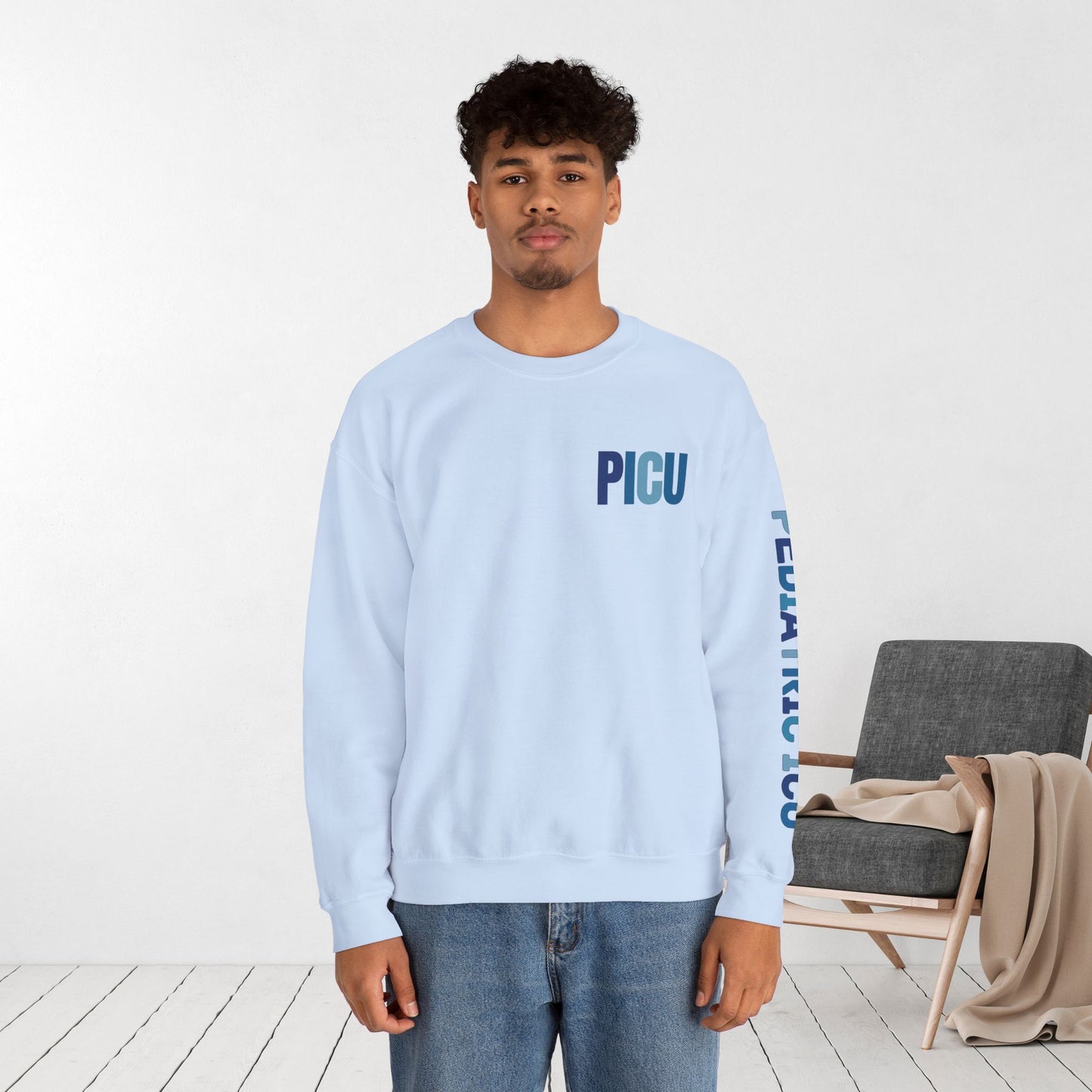 Trendy Blue PICU Sweatshirt with Sleeve Print - Pediatric ICU Crewneck