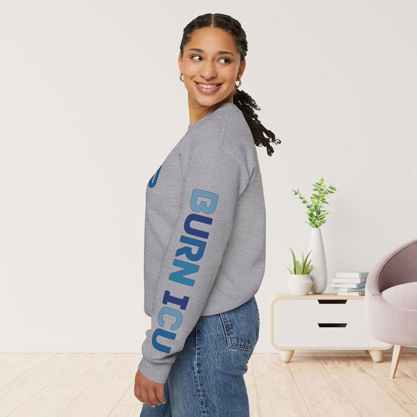 Trendy Blue BICU Sweatshirt with Sleeve Print - Burn ICU Crewneck