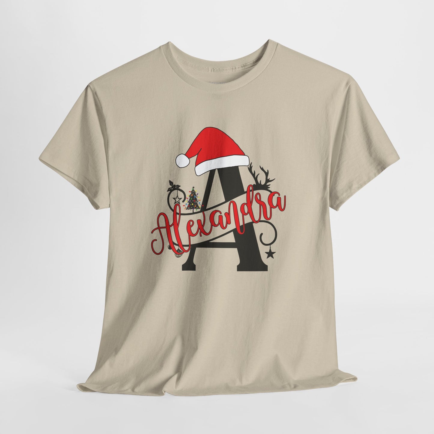 Personalized Christmas Monogram Heavy Cotton Tee with First Name - Custom Christmas Gifts