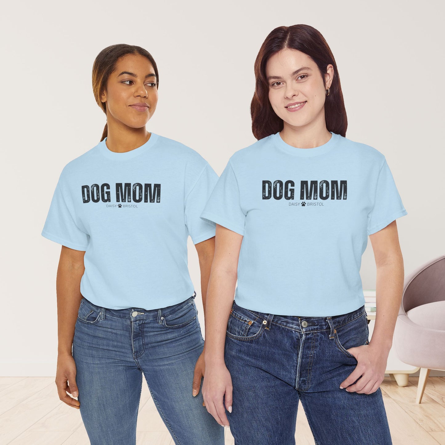 Custom Dog Mom Heavy Cotton Tee with Dogs Name - Personalized Dog Lover Gift