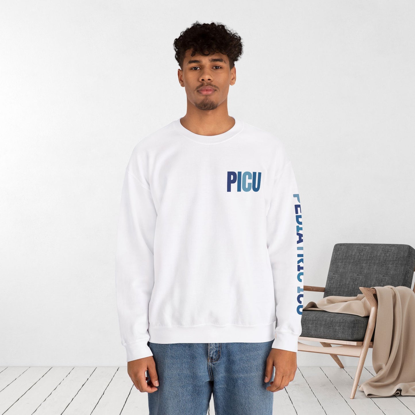 Trendy Blue PICU Sweatshirt with Sleeve Print - Pediatric ICU Crewneck