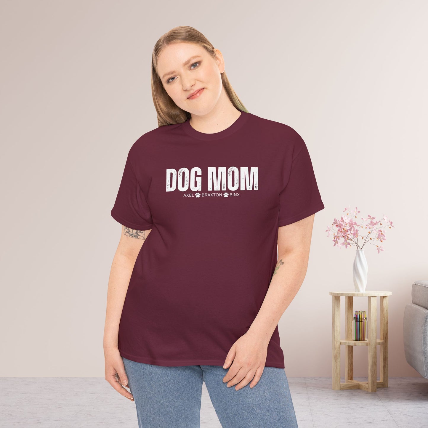 Custom Dog Mom Heavy Cotton Tee with Dogs Name - Personalized Dog Lover Gift