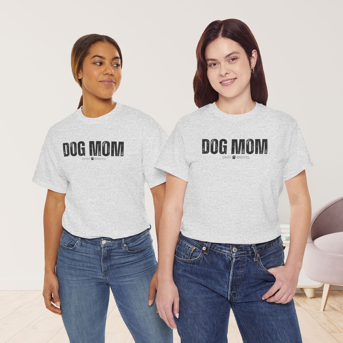 Custom Dog Mom Heavy Cotton Tee with Dogs Name - Personalized Dog Lover Gift