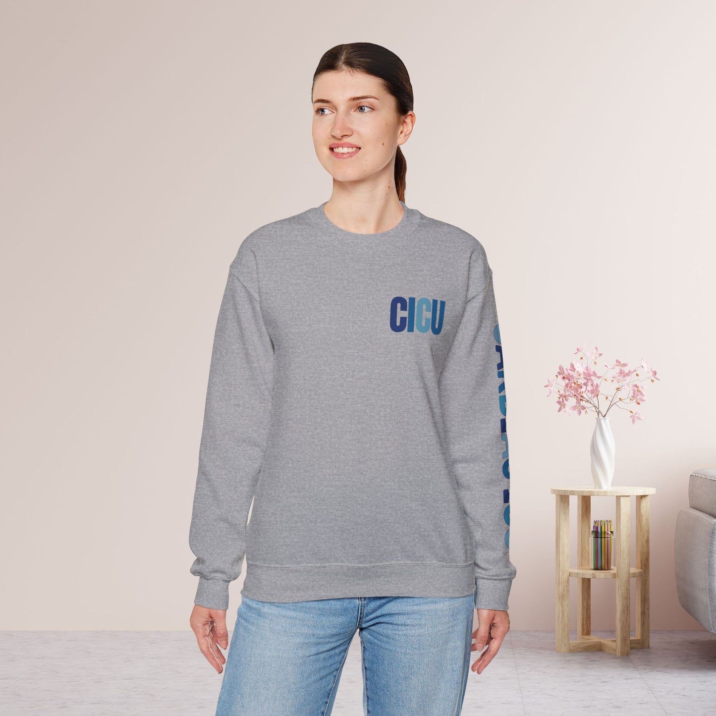 Trendy Blue CICU Sweatshirt with Sleeve Print - Cardiac ICU Crewneck