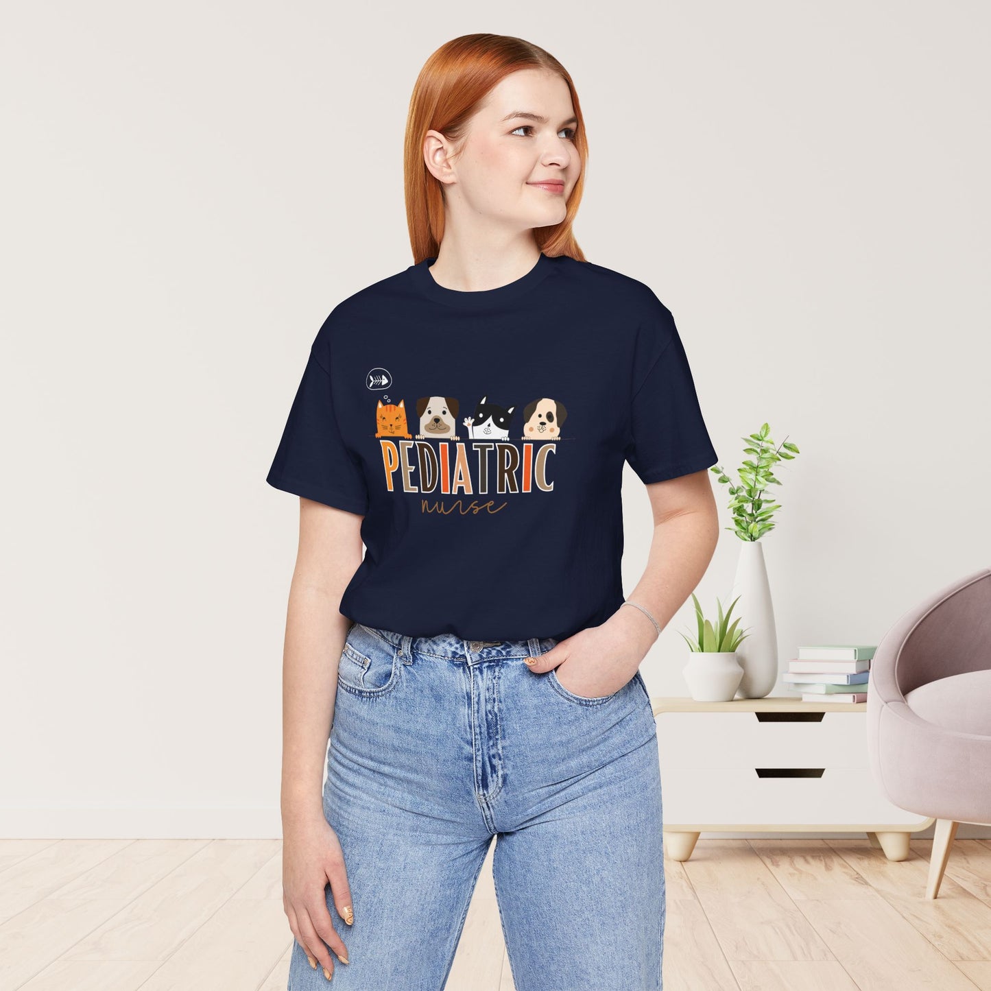 Cute Pediatric Nurse Soft Cotton Tee with Dogs and Cats for PEDS Nurse