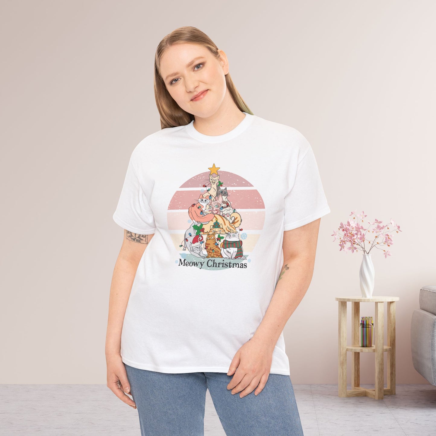 Meowy Christmas Funny Cat Christmas Heavy Cotton Tee - Cat Lovers Christmas Gift