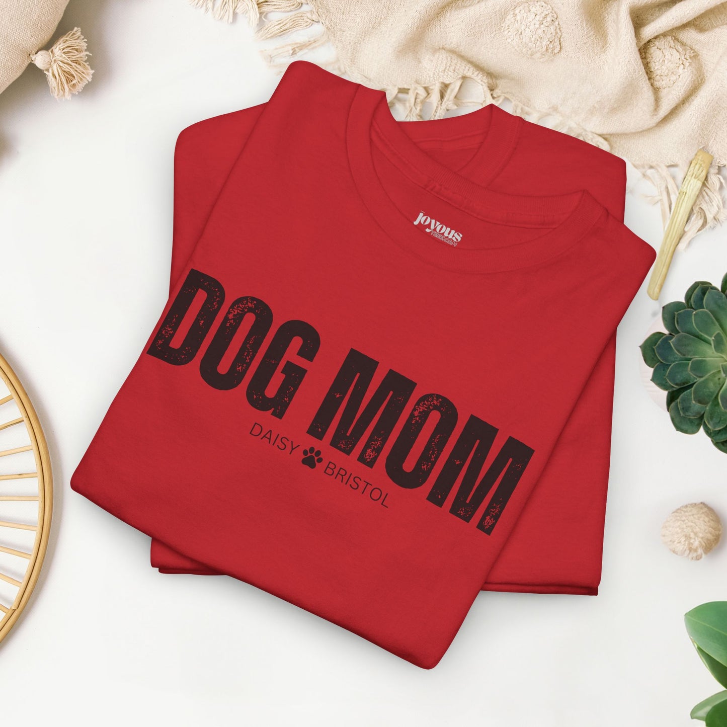 Custom Dog Mom Heavy Cotton Tee with Dogs Name - Personalized Dog Lover Gift