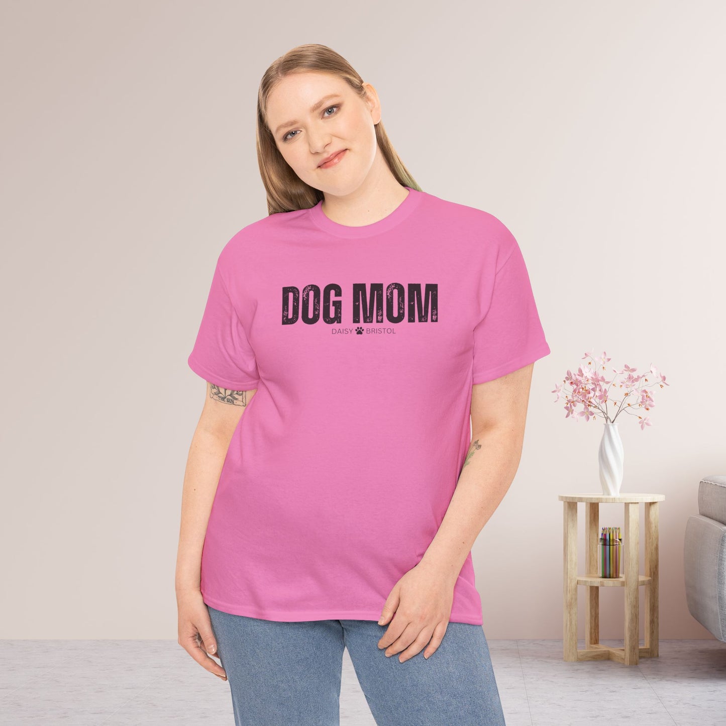 Custom Dog Mom Heavy Cotton Tee with Dogs Name - Personalized Dog Lover Gift