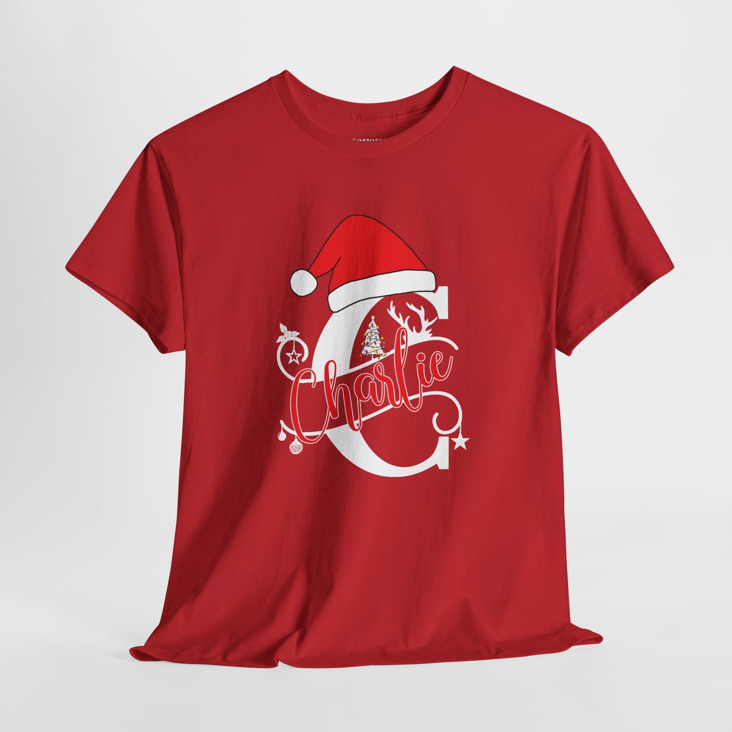 Personalized Christmas Monogram Heavy Cotton Tee with First Name - Custom Christmas Gifts
