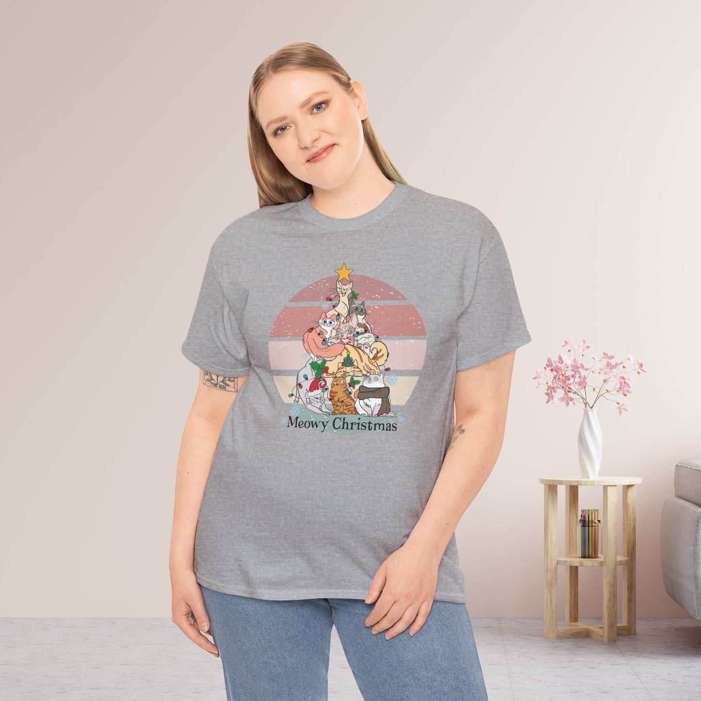 Meowy Christmas Funny Cat Christmas Heavy Cotton Tee - Cat Lovers Christmas Gift