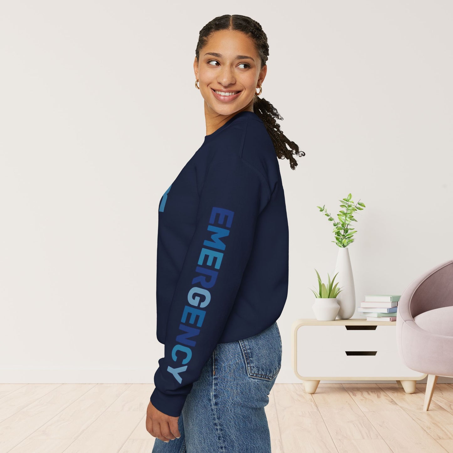 Trendy Blue ER Sweatshirt with Sleeve Print - Emergency Room Crewneck