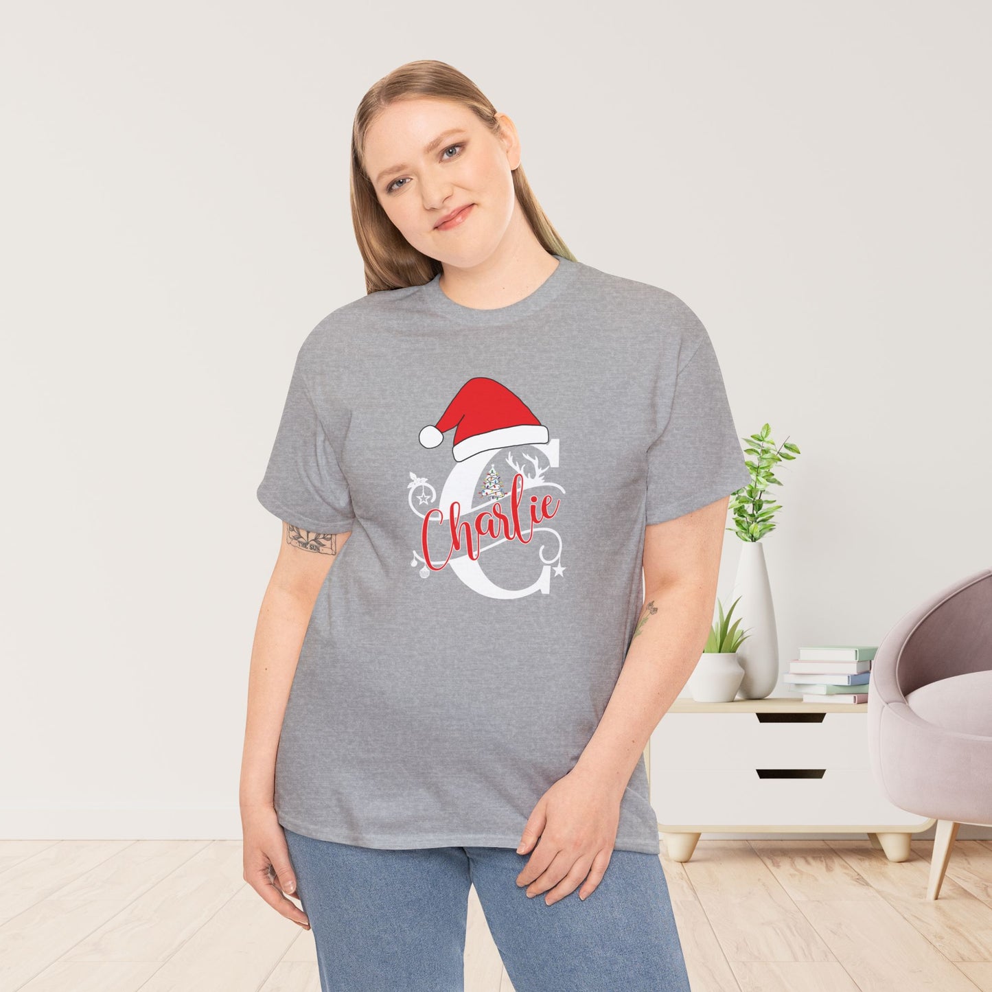 Personalized Christmas Monogram Heavy Cotton Tee with First Name - Custom Christmas Gifts