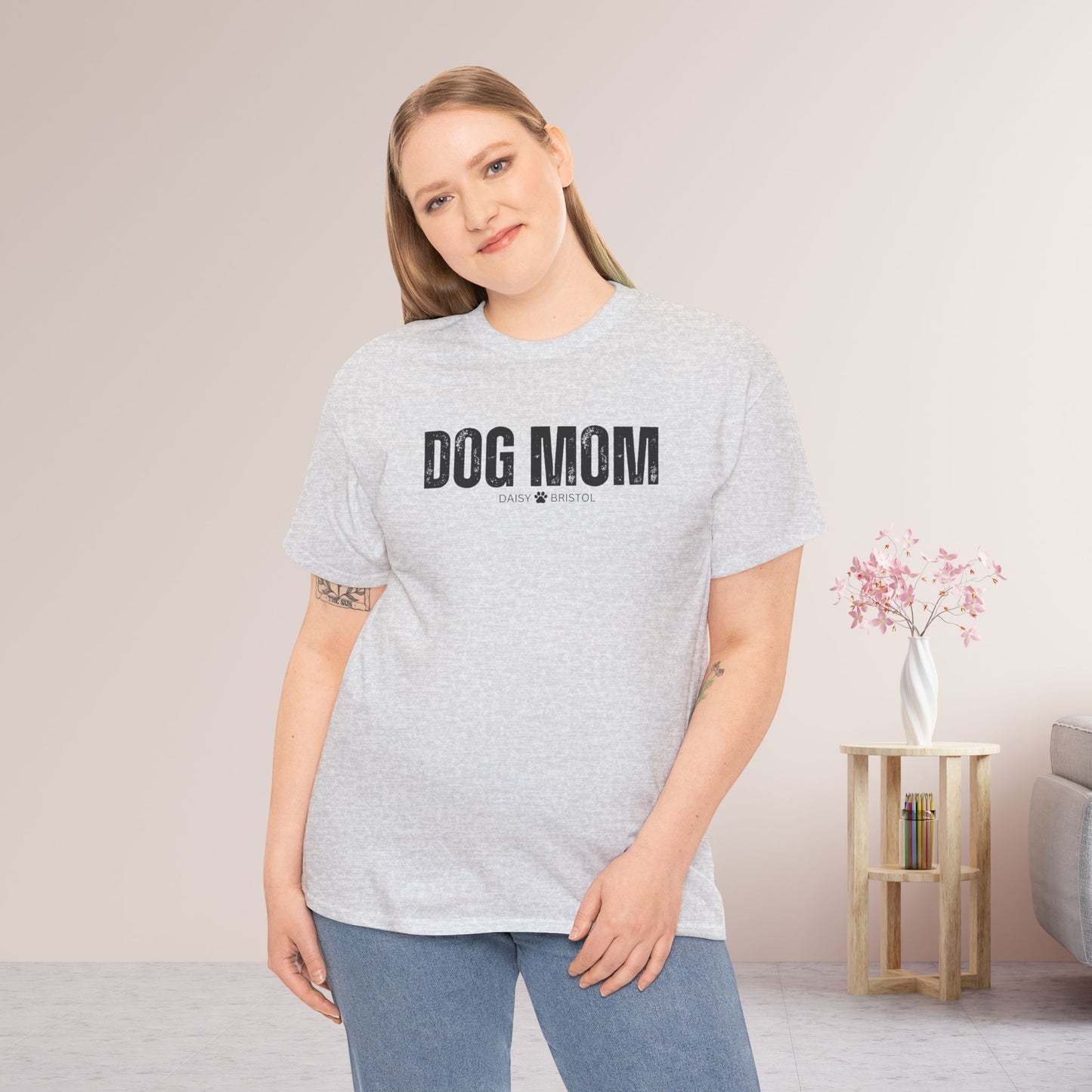 Custom Dog Mom Heavy Cotton Tee with Dogs Name - Personalized Dog Lover Gift