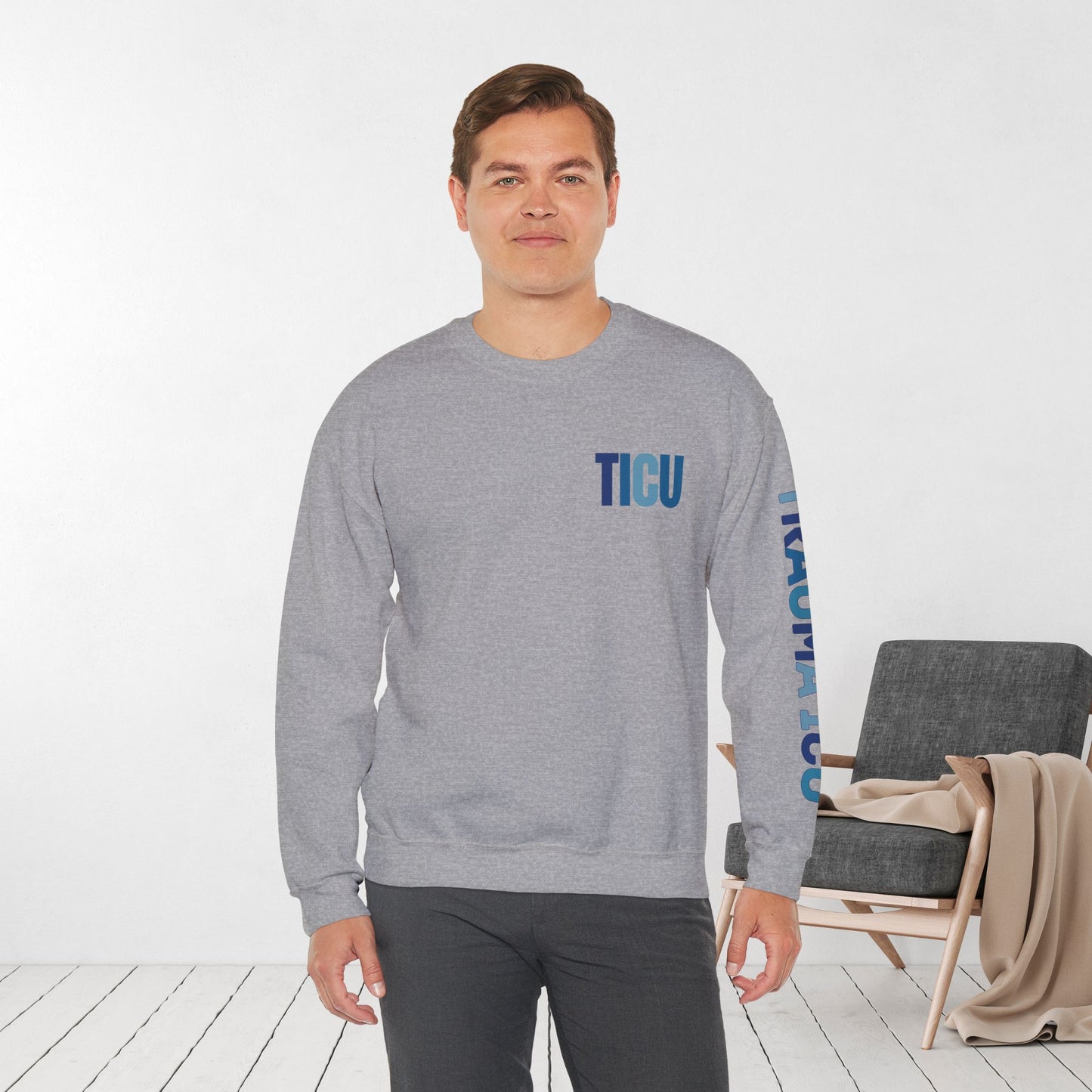 Trendy Blue TICU Sweatshirt with Sleeve Print - Trauma ICU Crewneck