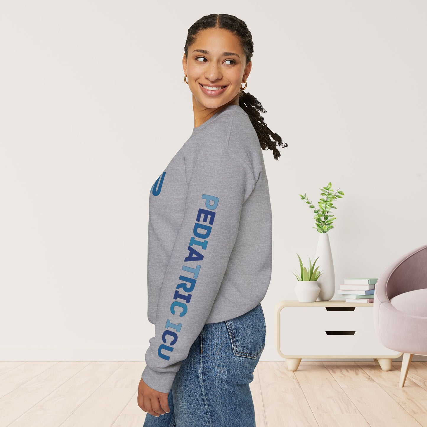 Trendy Blue PICU Sweatshirt with Sleeve Print - Pediatric ICU Crewneck