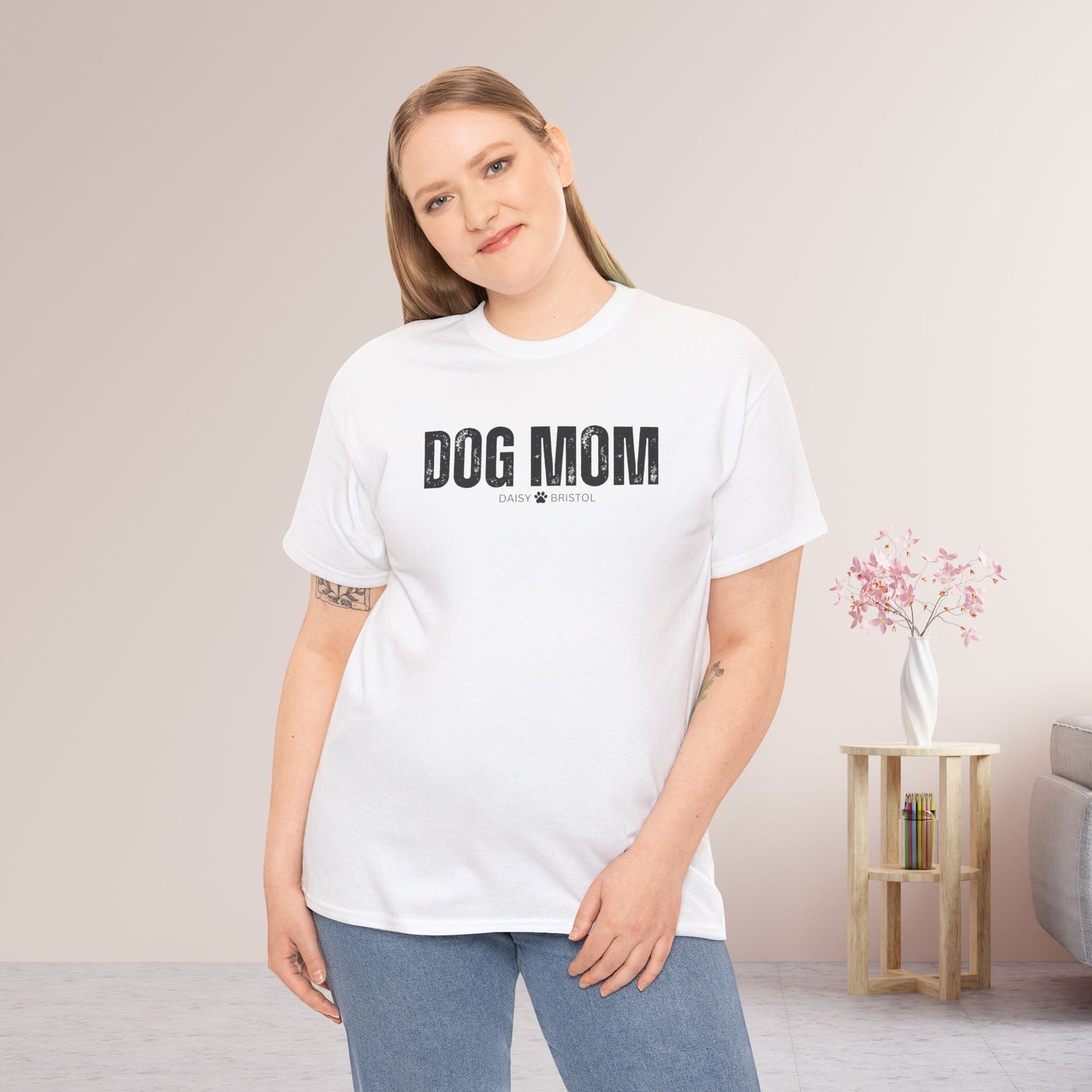 Custom Dog Mom Heavy Cotton Tee with Dogs Name - Personalized Dog Lover Gift