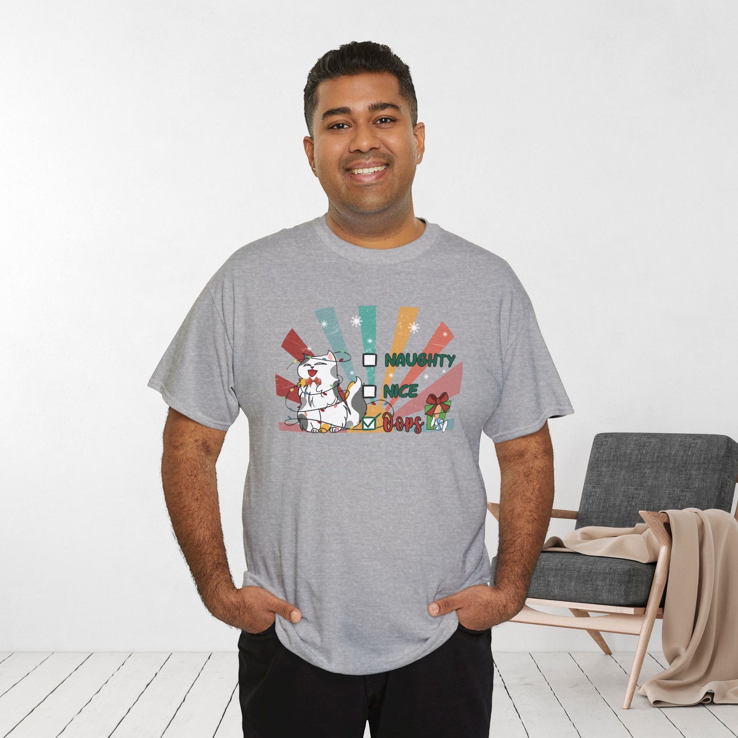 Naughty Nice Oops Funny Cat Christmas Heavy Cotton Tee - Cat Lovers Christmas Gift