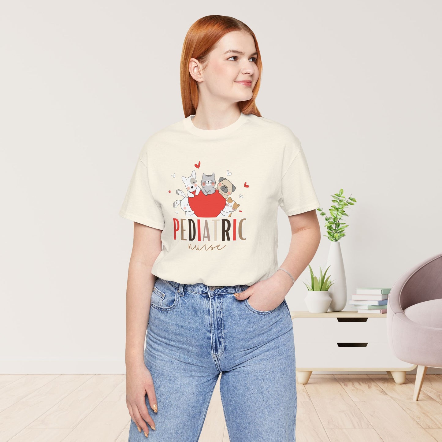 Pediatric Nurse Soft Cotton Tee with Cute Dogs and Cats for PEDS Nurse