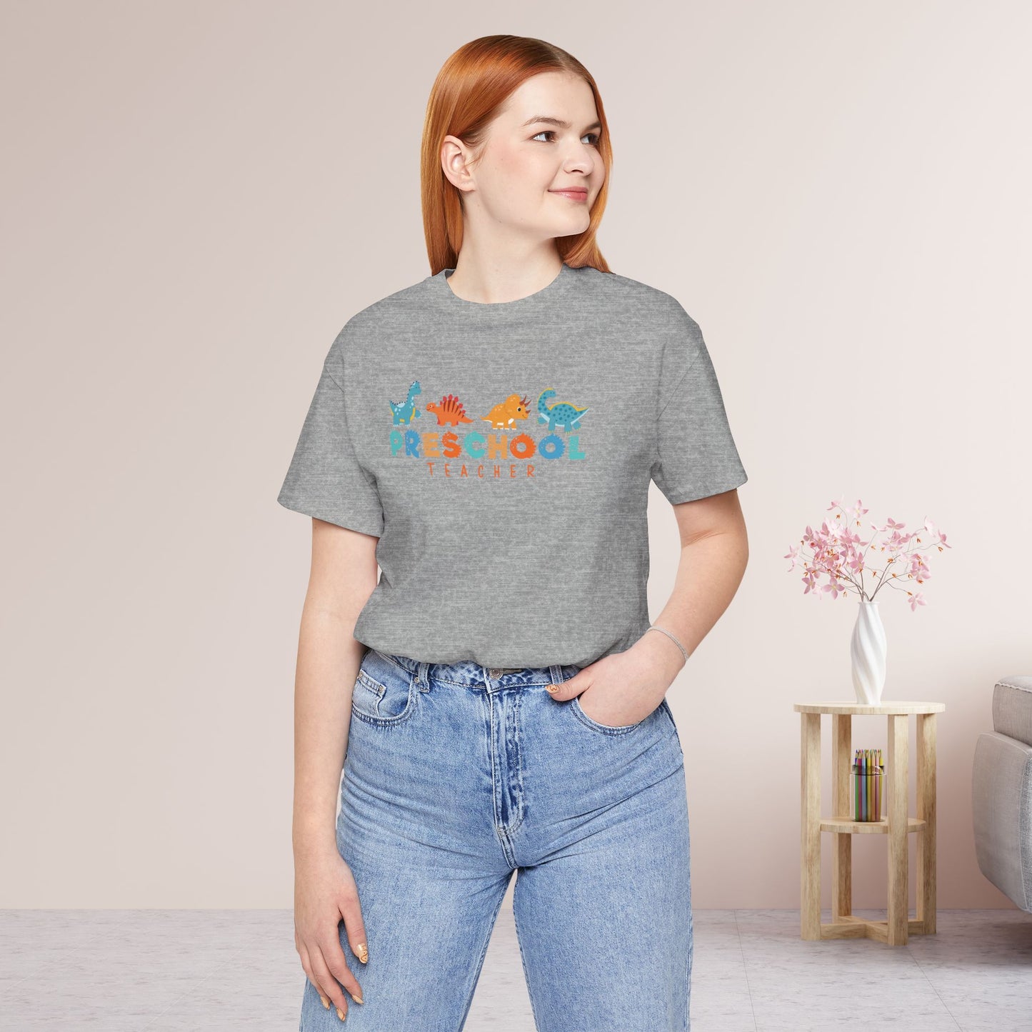 Preschool Teacher Soft Cotton Tee with Cute Dinosaurs