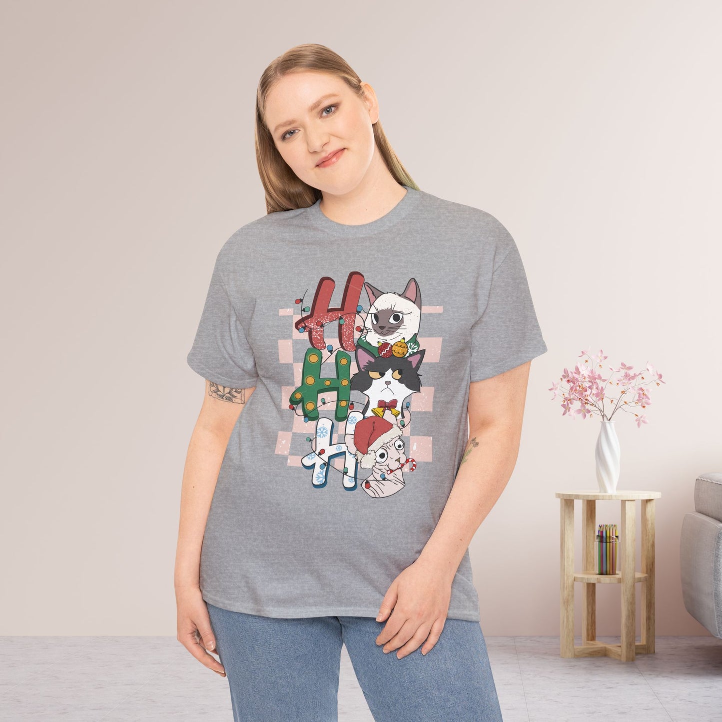 Ho Ho Ho Funny Cat Christmas Heavy Cotton Tee - Cat Lovers Christmas Gift