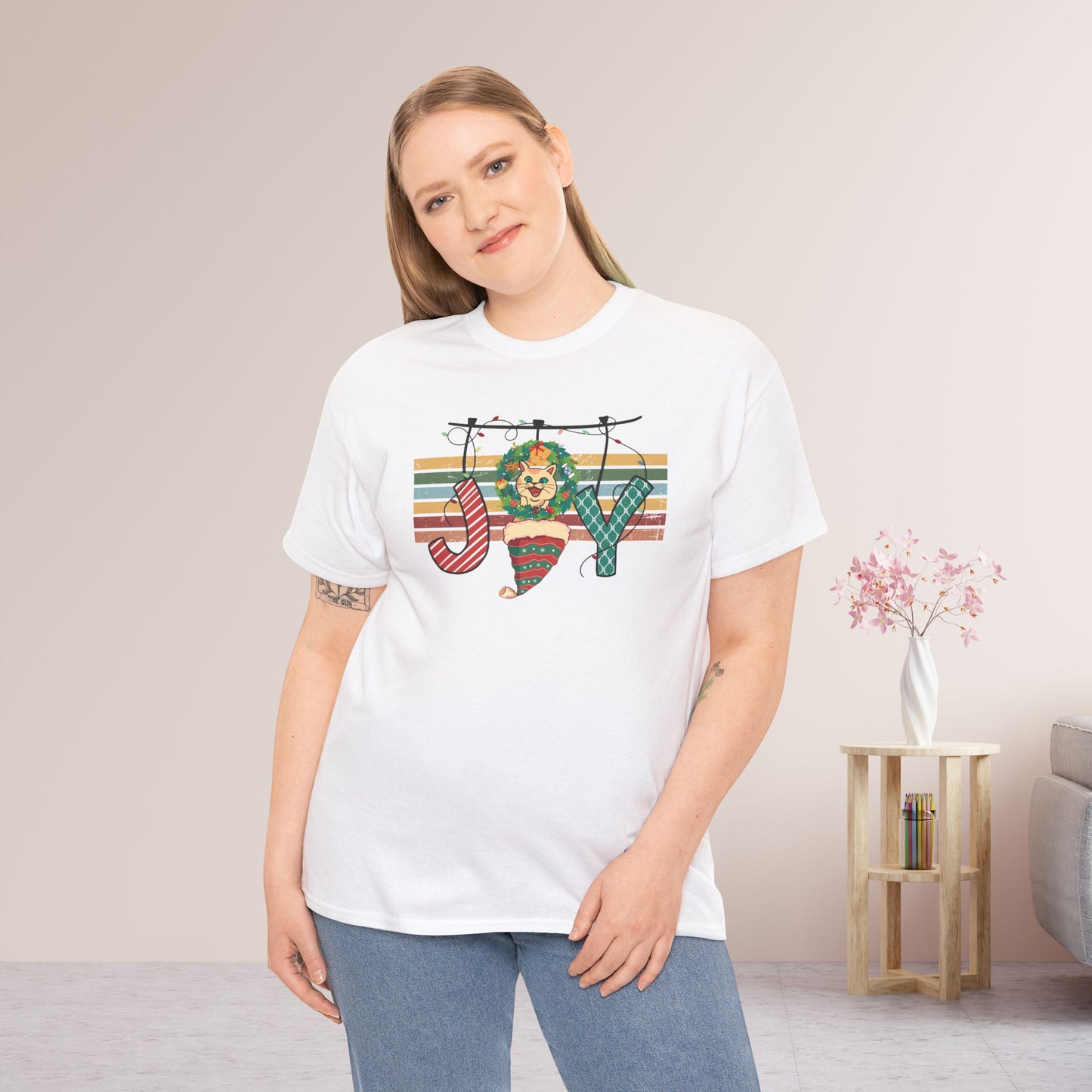Joy Funny Cat Christmas Heavy Cotton Tee - Cat Lovers Christmas Gift