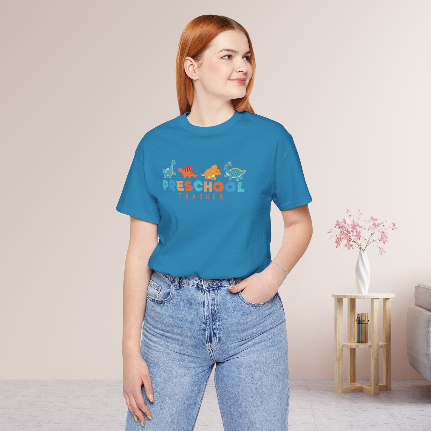 Preschool Teacher Soft Cotton Tee with Cute Dinosaurs