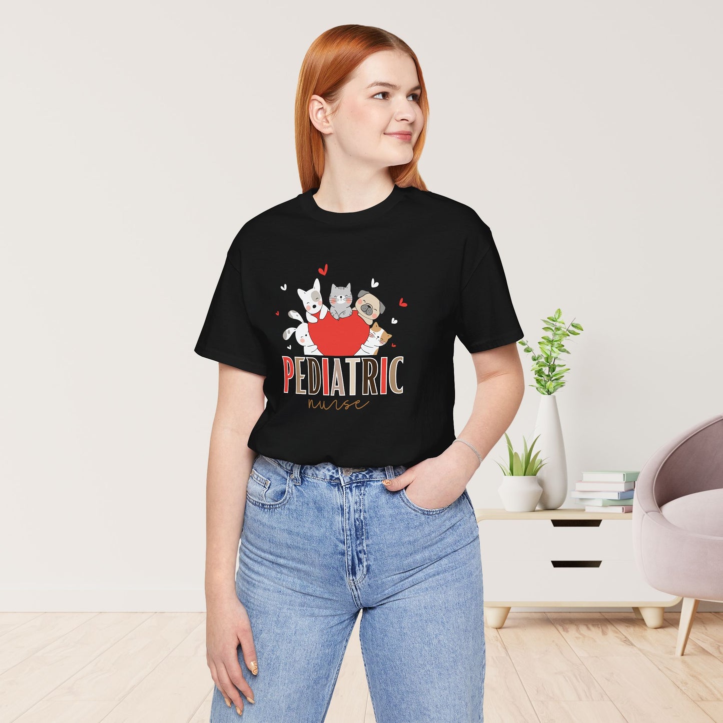 Pediatric Nurse Soft Cotton Tee with Cute Dogs and Cats for PEDS Nurse
