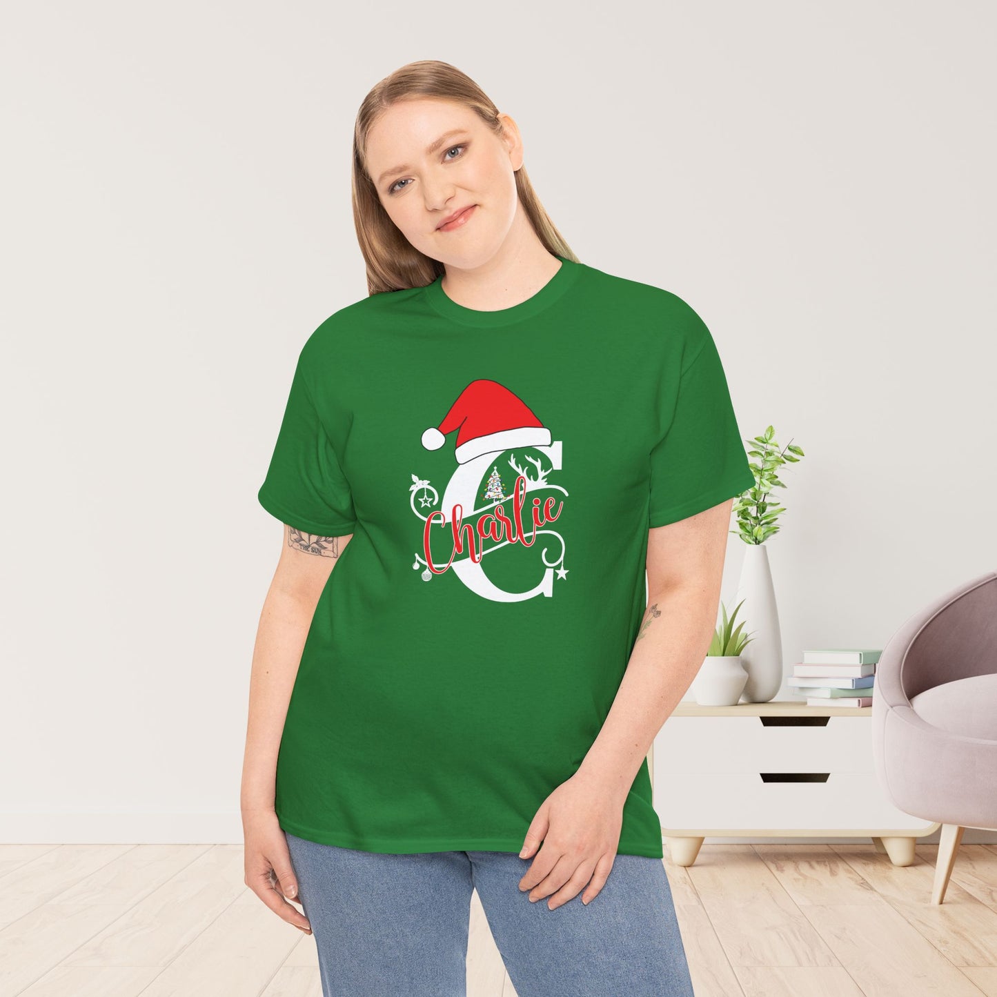 Personalized Christmas Monogram Heavy Cotton Tee with First Name - Custom Christmas Gifts